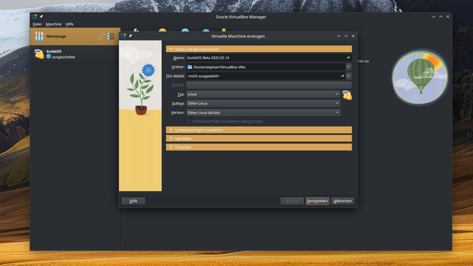VirtualBox Manager mit Linux-Installation geöffnet.
