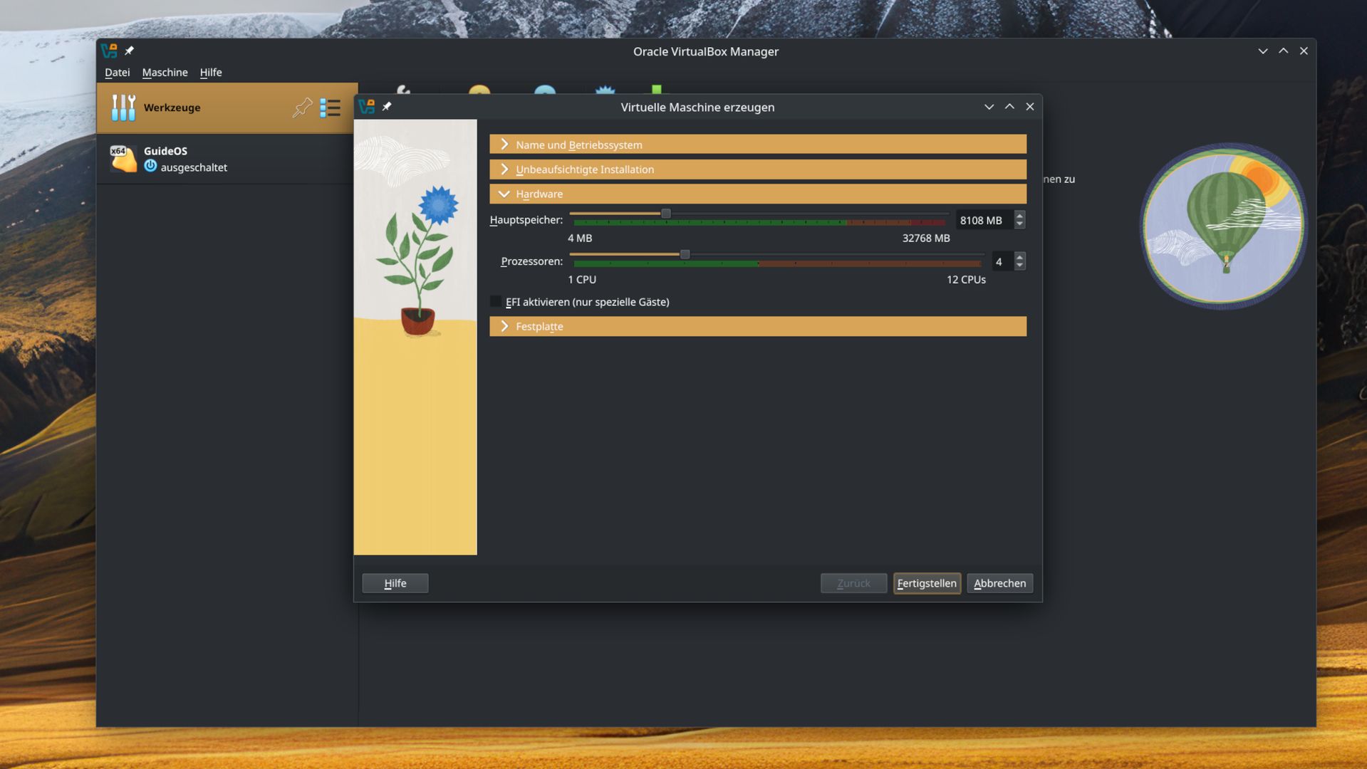 Virtuelle Maschinenverwaltung auf Linux-Desktop angezeigt.