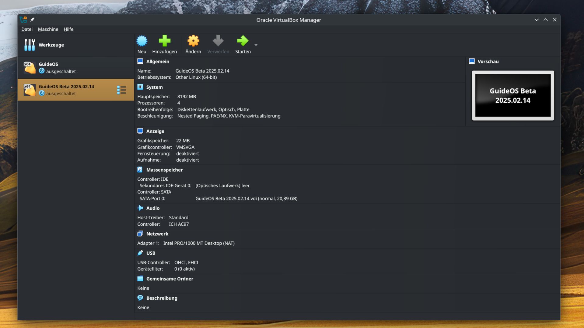 Oracle VirtualBox Manager mit GuideOS Beta angezeigt.