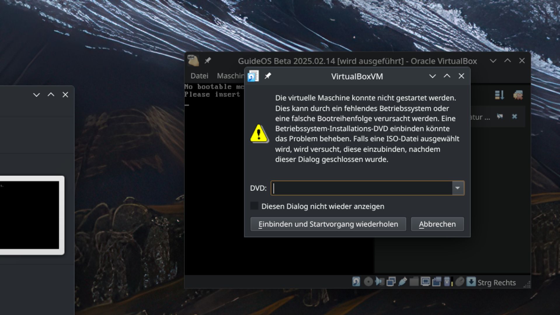 Fehlermeldung in VirtualBox über fehlendes Betriebssystem.