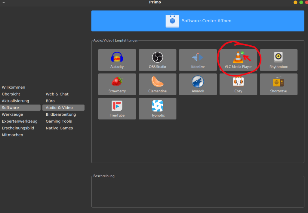 Software-Center mit VLC Media Player hervorgehoben.