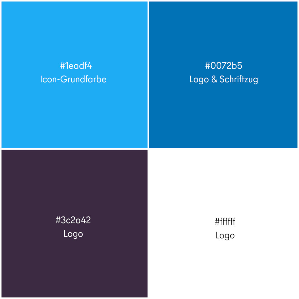 Vier Farbkästchen mit Hex-Codes für Design.