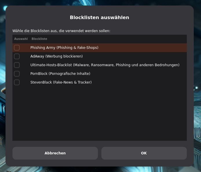 Dialog zur Auswahl von Blocklisten wird im Adblocker angezeigt