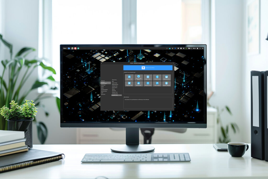 Monitor mit geöffnetem Einstellungsfenster auf Schreibtisch.