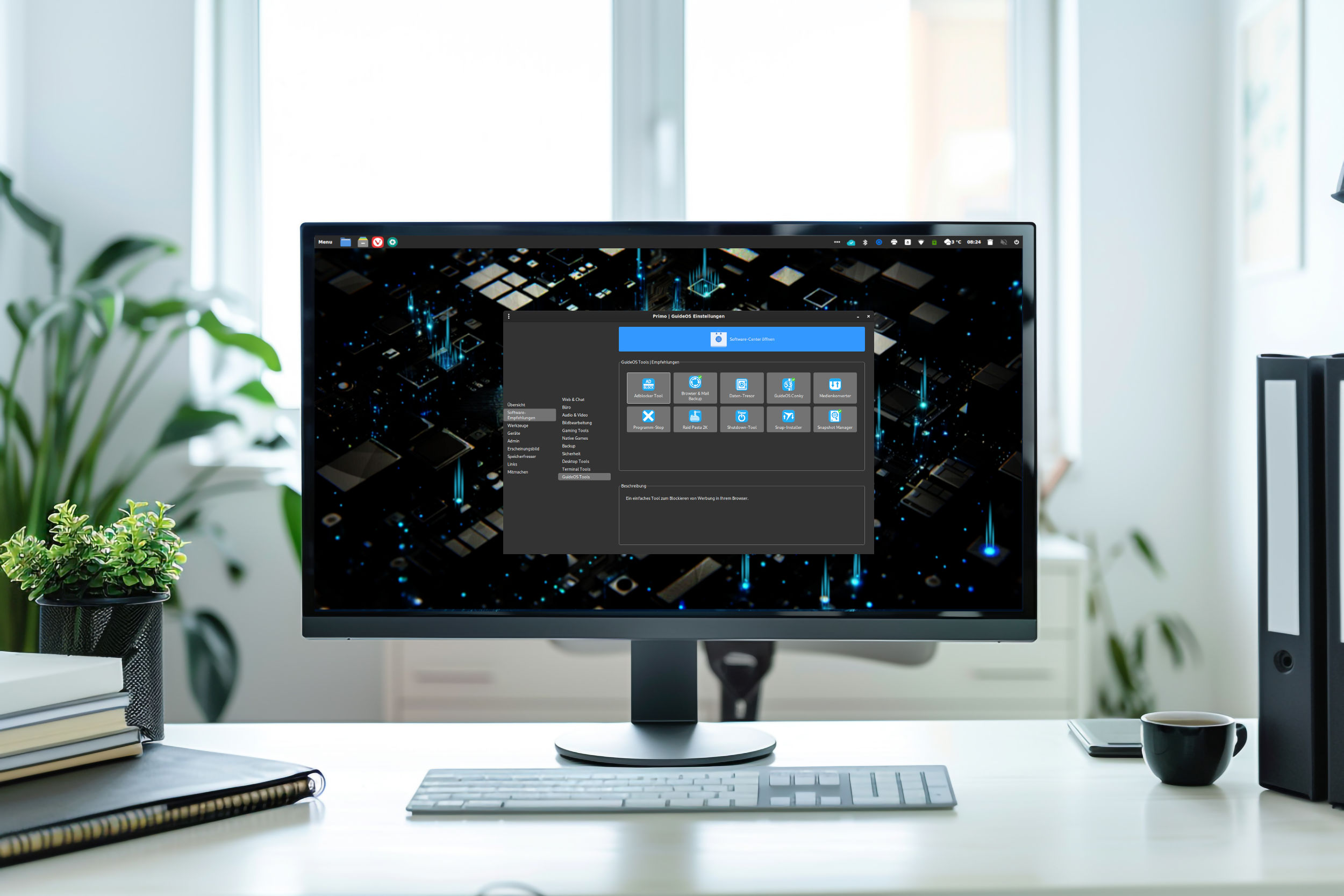Monitor mit geöffnetem Einstellungsfenster auf Schreibtisch.