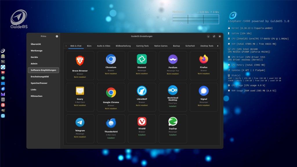 GuideOS Software-Empfehlungen und Systeminformationen